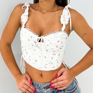 Sky to Moon White Floral Ruched Bustier Top Small Coquette Ribbon Tie Crop Top